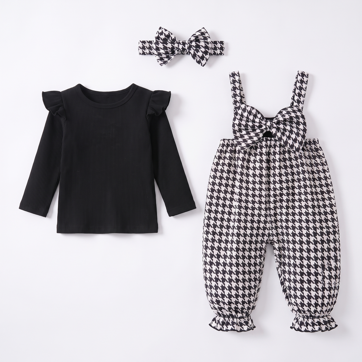 Ensemble Bébé Fille Pied-de-Poule Maman & Moi — 3 pièces fond blanc