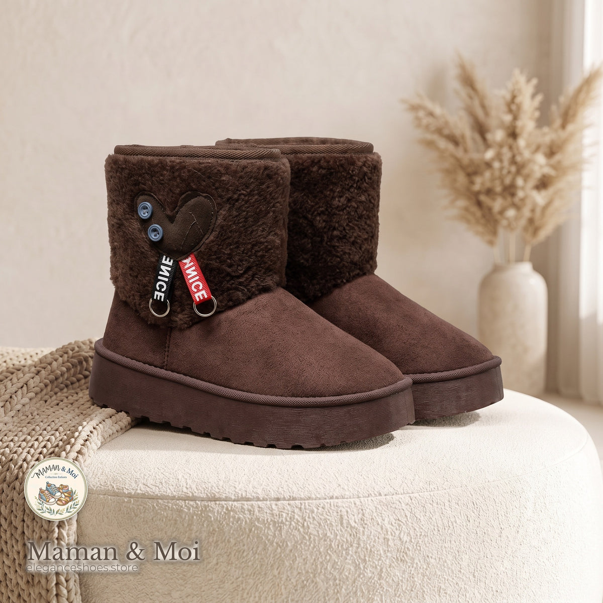 Bottes Plateforme Fourrure Cœur Fille Maman & Moi - Marron - trois quarts avant