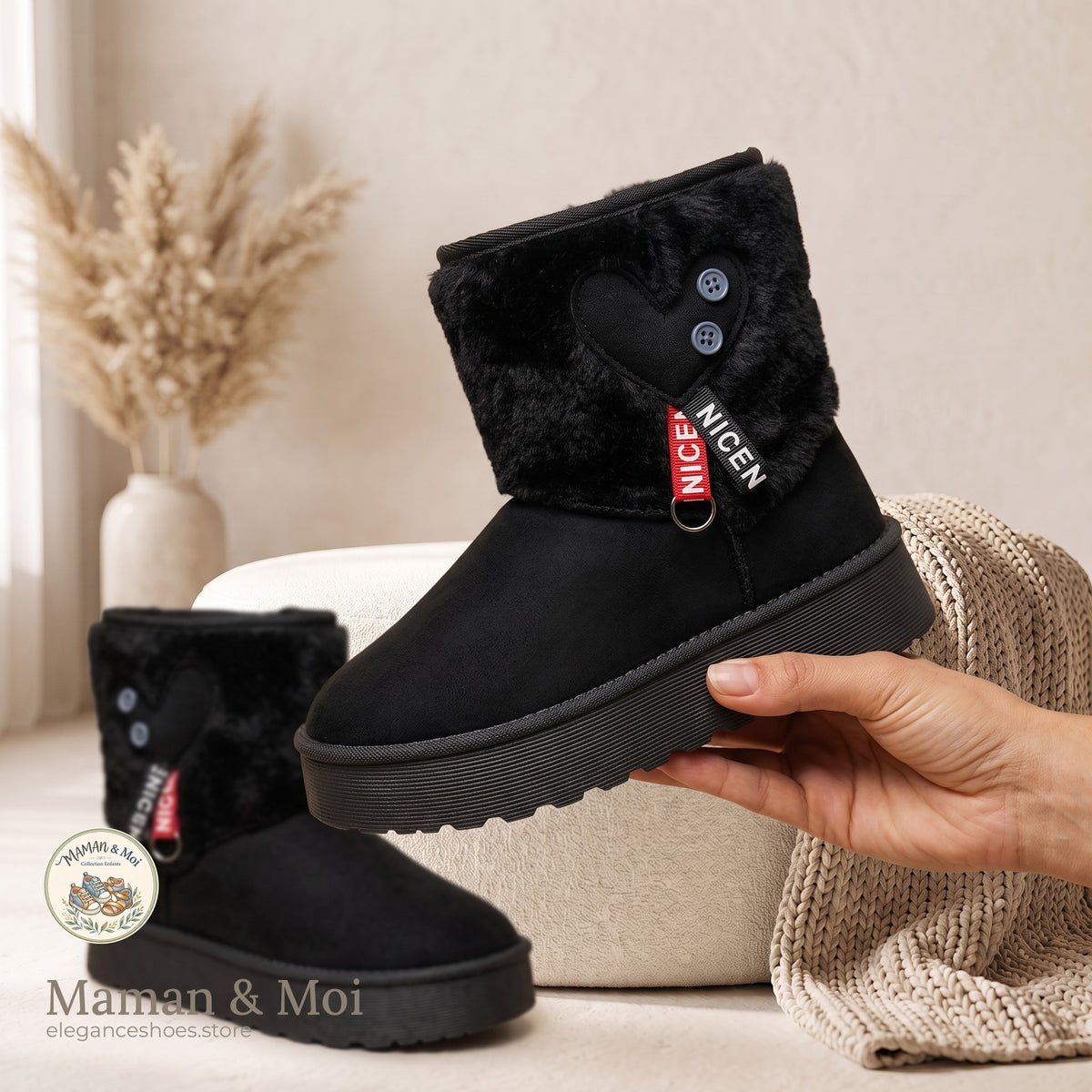 Bottes Plateforme Fourrure Cœur Fille Maman & Moi - Noir - en main