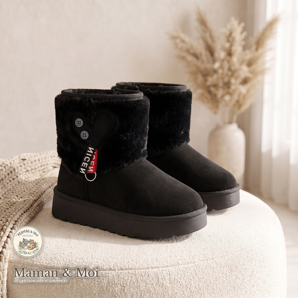Bottes Plateforme Fourrure Cœur Fille Maman & Moi - Noir - trois quarts avant