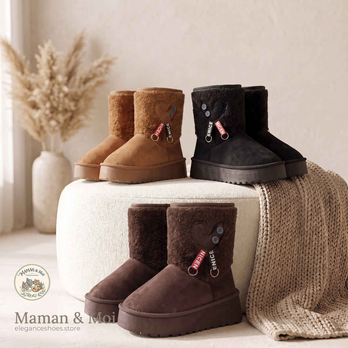 Bottes Plateforme Fourrure Cœur Fille Maman & Moi - 3 coloris Camel Marron Noir