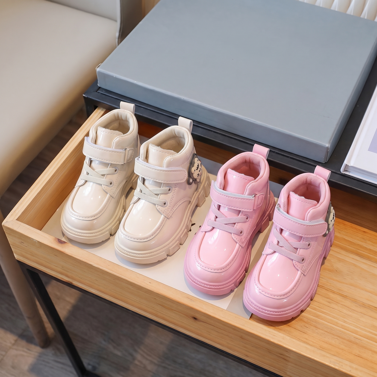 Bottines fille vernies - duo beige et rose