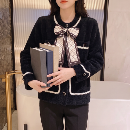 Veste tricot effet vison Maman & Moi noire - de face avec livres, pantalon noir