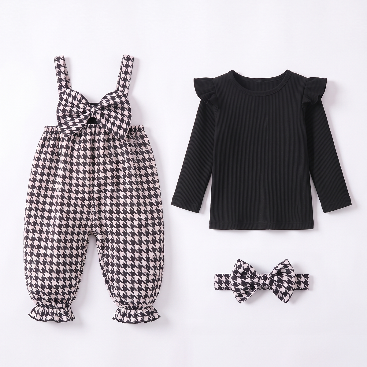 Ensemble Bébé Fille Pied-de-Poule Maman & Moi — 3 pièces fond blanc