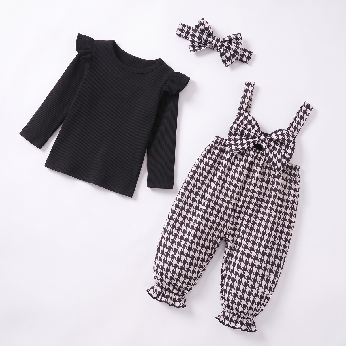 Ensemble Bébé Fille Pied-de-Poule Maman & Moi — 3 pièces fond blanc
