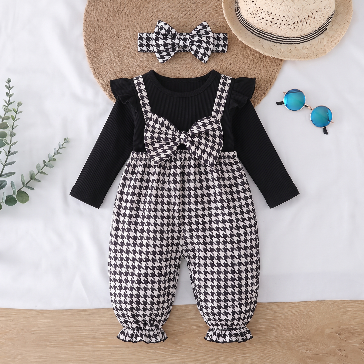 Ensemble Bébé Fille Pied-de-Poule Maman & Moi — drap blanc, rotin, eucalyptus