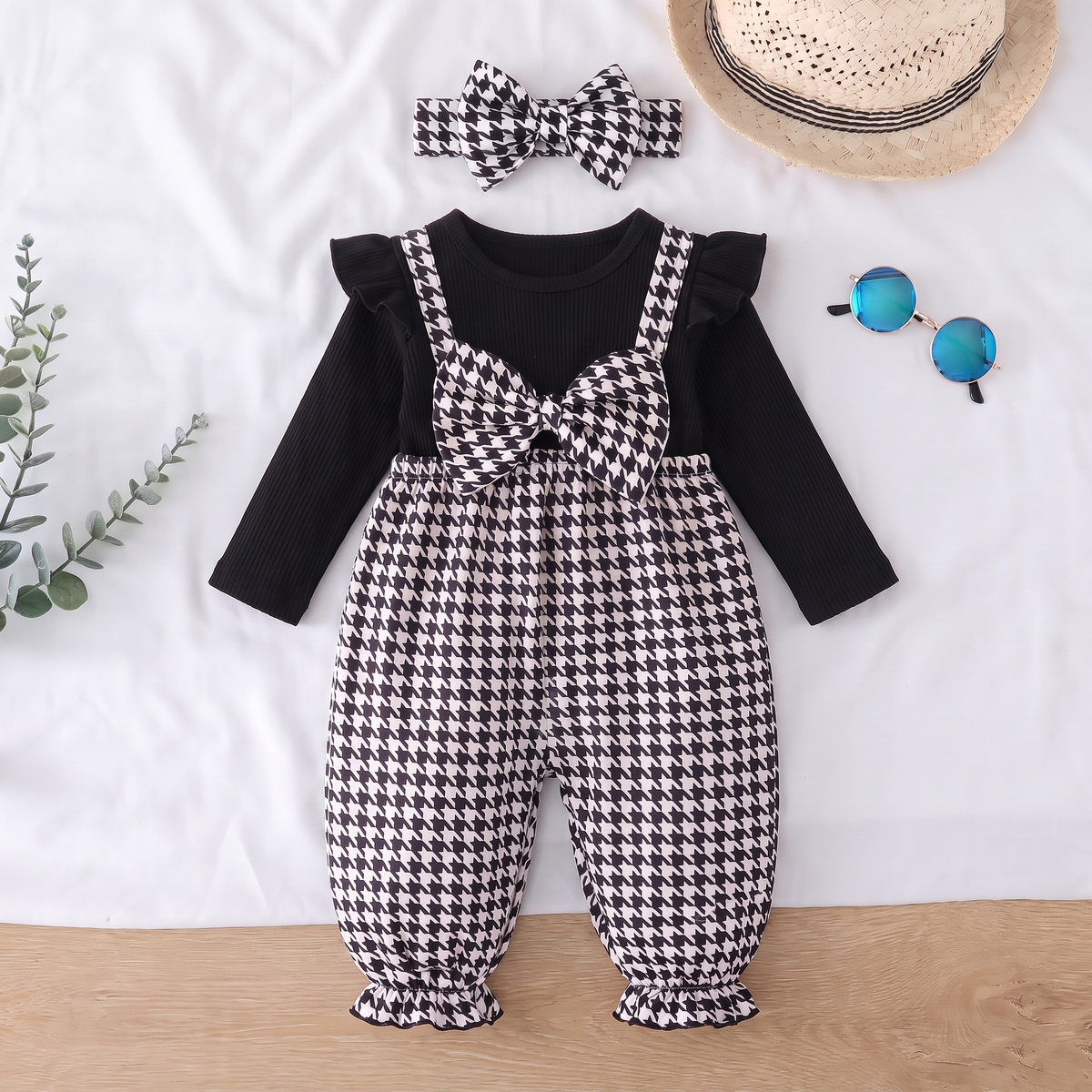 Ensemble Bébé Fille Pied-de-Poule Maman & Moi — drap blanc et rotin